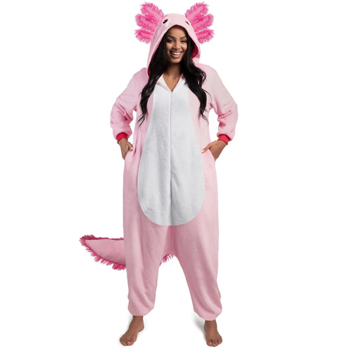 Spooktacular Creations Adult Halloween Costumes Axolotl Costume for Women Men Axolotl Pajama Plush Costume with Hat Tail for Halloween Dress Up Role Playing Themed Parties-S
