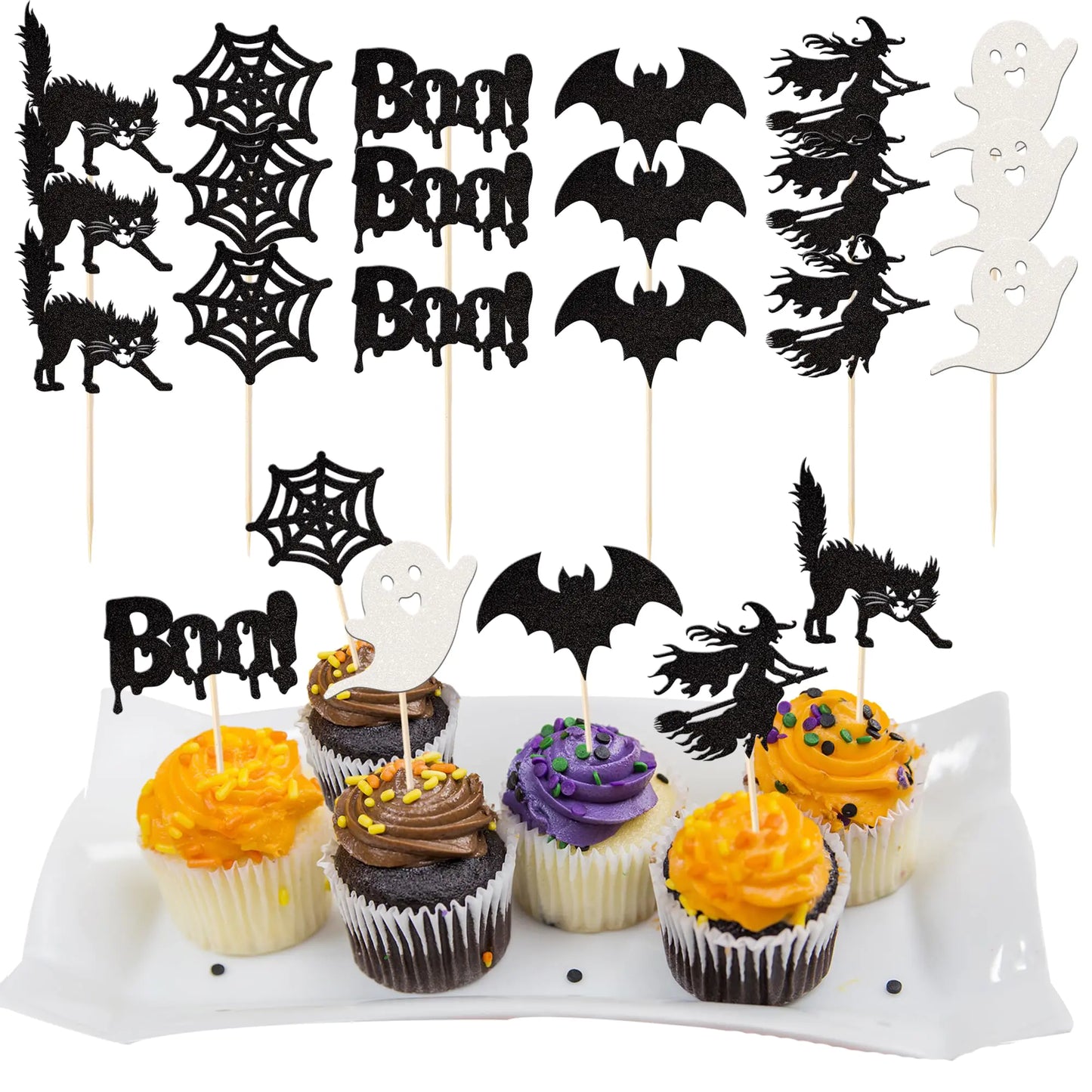 Rsstarxi 36 Pack Halloween Cupcake Toppers Glitter Witch Boo Ghost Cupcake Picks Bat Spider Cat Halloween Cake Decoration for Halloween Theme Baby Shower Birthday Party Cake Decorations