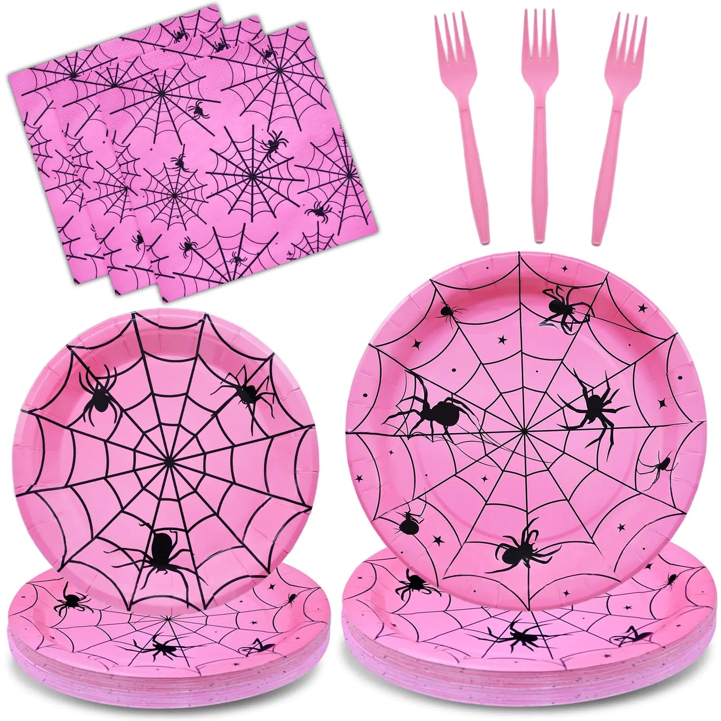 96 Pieces Halloween Spider Web Tableware Party Supplies - Disposable Dinnerware Set with Paper Plates Napkins and Forks for Spooky Halloween Party Supplies Birthday Decorations - Serves 24 (Pink)