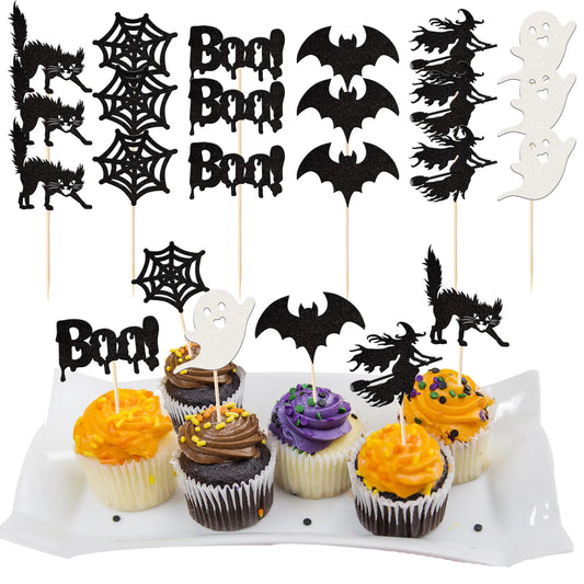 Rsstarxi 36 Pack Halloween Cupcake Toppers Glitter Witch Boo Ghost Cupcake Picks Bat Spider Cat Halloween Cake Decoration for Halloween Theme Baby Shower Birthday Party Cake Decorations