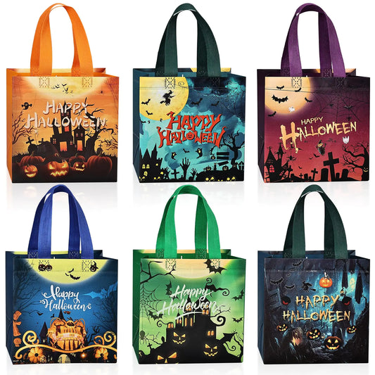 JMANNI 6PCS Halloween Non-Woven Bags with Handle， Reusable Halloween Trick or Treat Tote Bags Candy Bag Grocery Shopping Bags for Halloween Party Favors Supplies，7.87"×7.87"×5.9"