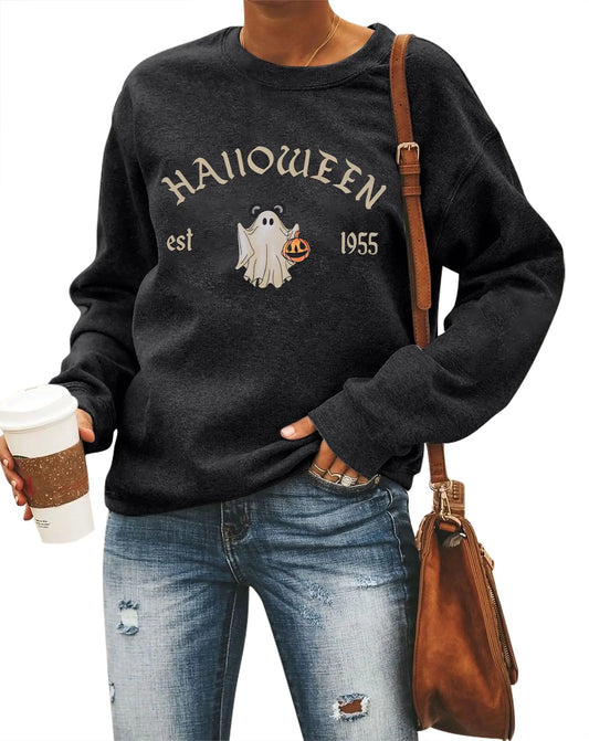 HEBBE Spooky Season Sweatshirts Halloween Ghost Sweatshirt Women - Halloween Graphic Crewneck Tops Casual Sweater Dark Grey