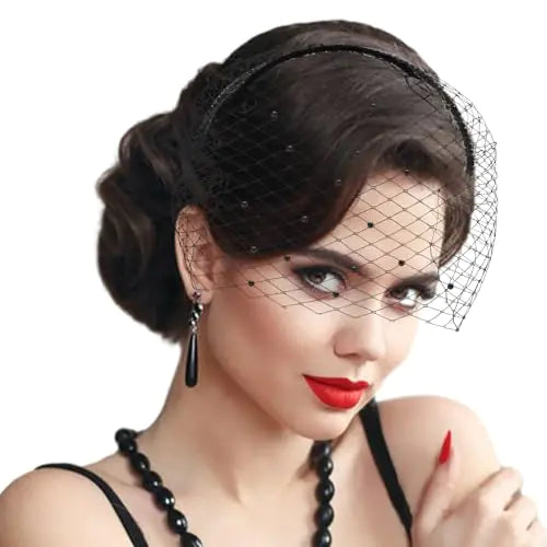 GEEHUA Halloween Black Veil Headband Mesh Black Fascinators Birdcage Veil Vintage Lace Veil 1920s Headpiece for Women Bridal Wedding Tea Party Fascinator Veil Halloween Accessories(Black)