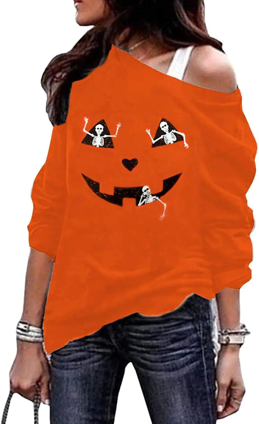 Roshop Womens Off Shoulder Halloween Jack o Lantern Long Sleeve Sweatshirt OBP3 S