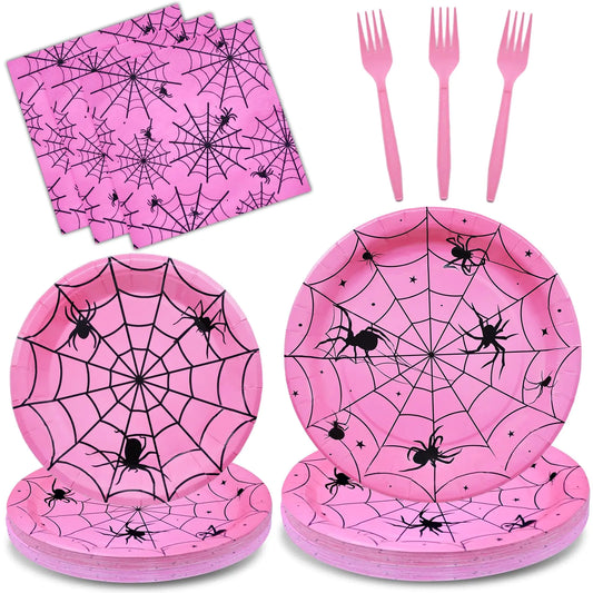 96 Pieces Halloween Spider Web Tableware Party Supplies - Disposable Dinnerware Set with Paper Plates Napkins and Forks for Spooky Halloween Party Supplies Birthday Decorations - Serves 24 (Pink)