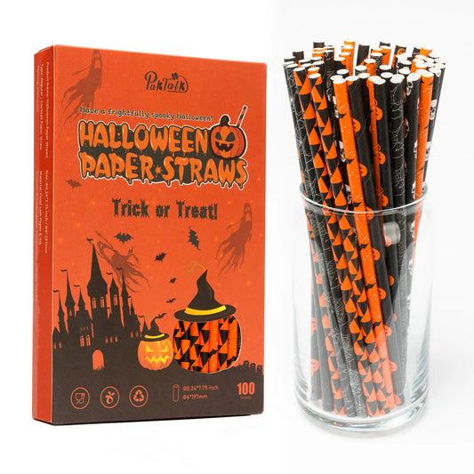 PakTalk Halloween Straws 6 Mixed Style Orange Black and White Halloween Paper Straws Biodegradable Pumpkin Bat Spider Skull Drinking Straws for Halloween Party Supplies (0.24" x 7.75" 100 Packs)