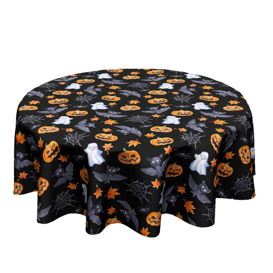 Sweetshow Halloween Spooky Round Tablecloth Black Bat Cobweb and Ghost Decorative Table Cloth 60 Inch Polyester Fabric Farmhouse Pumpkin Table Cover for Home Kitchen Outdoor Halloween Party