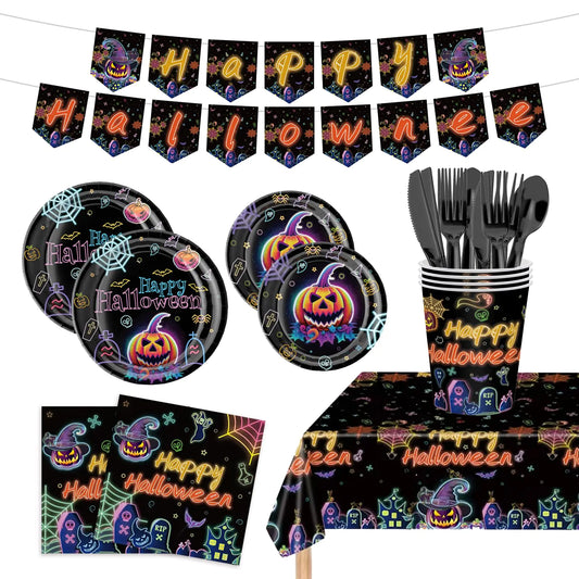 170PCS Halloween Party Plates and Napkins Set Happy Halloween Holiday Pumpkin Ghost Dinnerware Party Decorations Disposable Tableware for Kids Birthday Baby Shower Decor Serve 24 Guests
